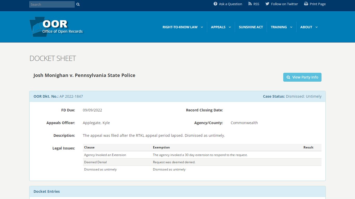 OOR - Docket Sheet - openrecords.pa.gov